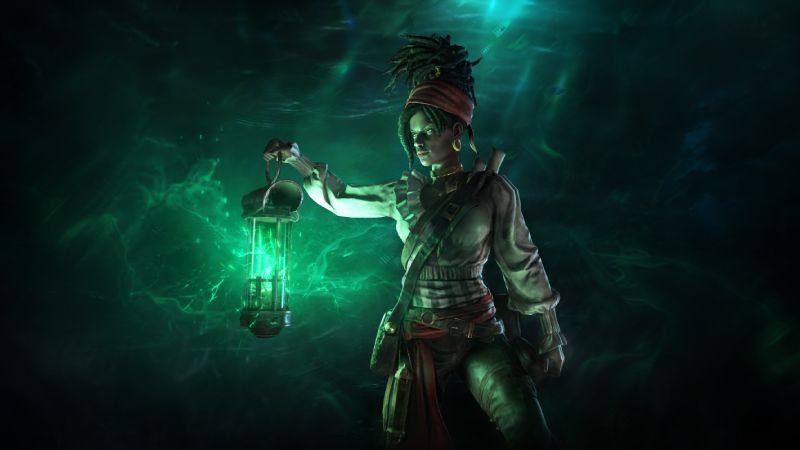 Capitana Valerie en Path of Exile Curse of the Allflame Captura en alta definición del personaje Valerie en "Path of Exile: Curse of the Allflame". Se observa a una mujer de origen étnico con un peinado texturizado alto y una pañoleta roja en la cabeza, vistiendo una camisa blanca de época con detalles de volantes y un corsé de cuero cruzado con correas. Sostiene en su mano derecha alzada una linterna náutica metálica de la cual emana una intensa energía mágica de color verde brillante. El fondo presenta una atmósfera oscura y submarina con flujos etéreos de energía verde que simulan corrientes marinas corruptas.